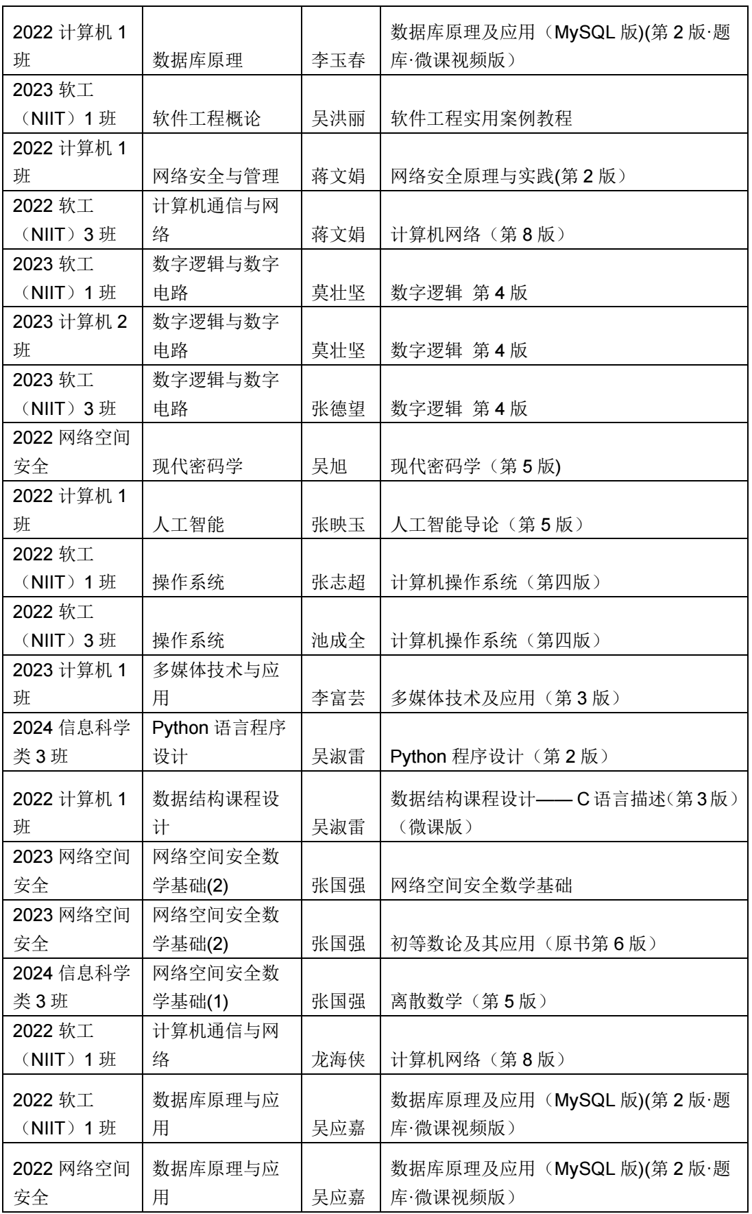 2024-2025（1）学期信息科学技术学院 课程教材选用公示